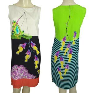 Giulia Rositani Sleeveless Shift Dress Frog Fish Print Green Stripe Back Sz 40 8